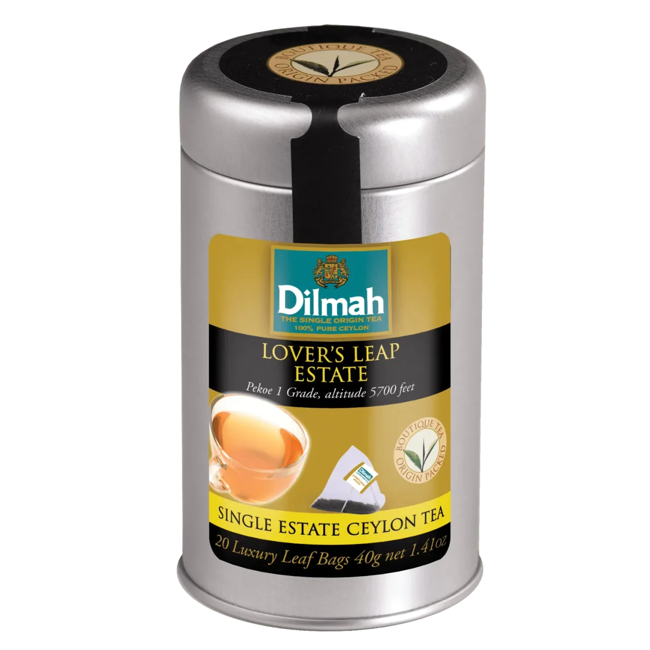 Цейлонский черный чай «DILMAH «LOVERS LEAP ESTATE», жестяная банка 20× — Фронт